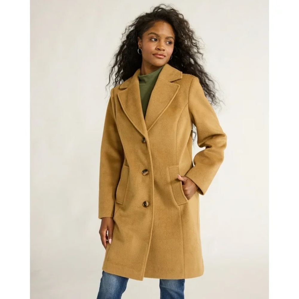 Time and Tru Women's Faux Wool Notch Collar Tan Button Front Pea Coat NWT